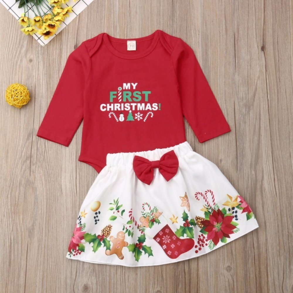 Girl girls baby 1st First Christmas Holidays onesie skirt bow candy gingerbread